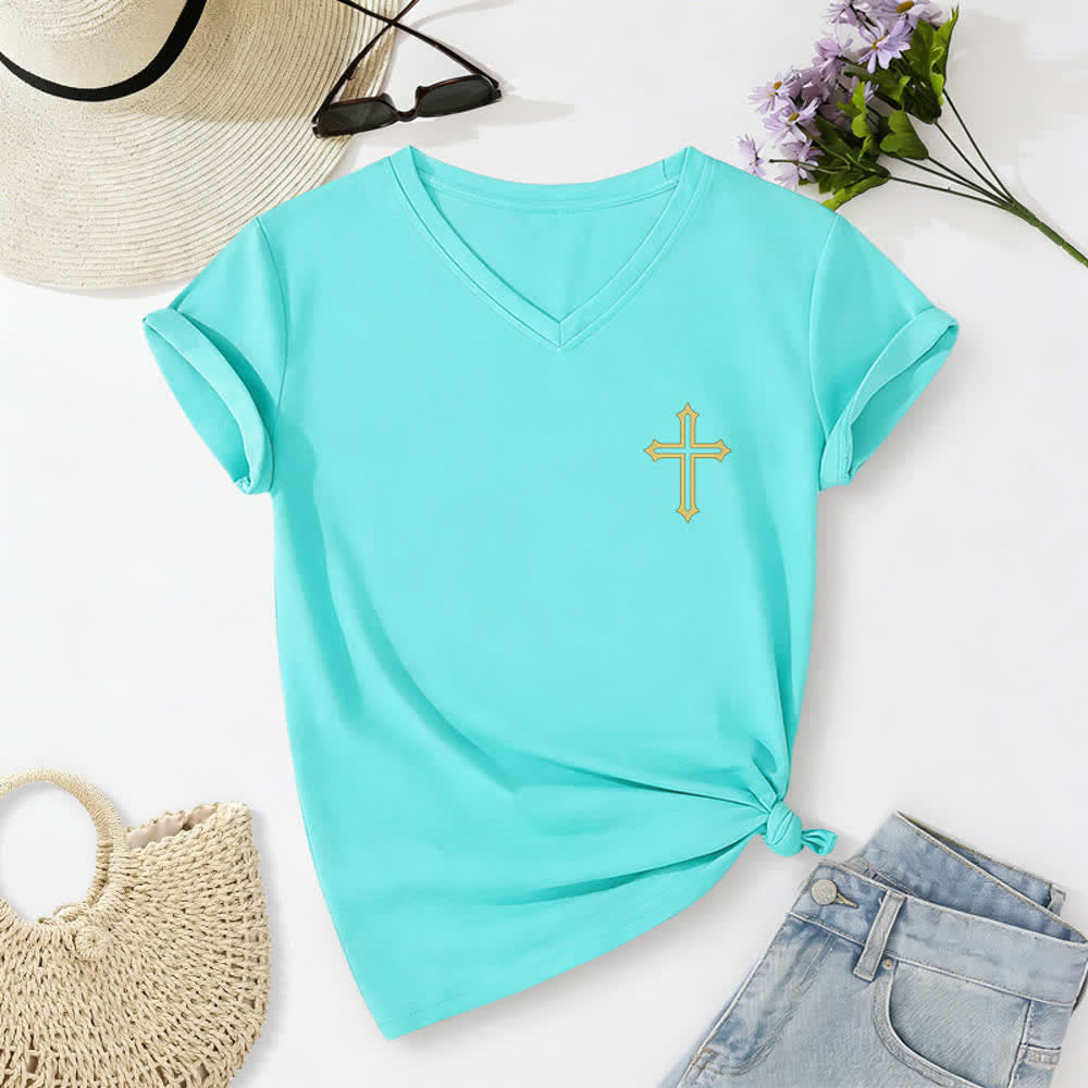 Christianartworkshop Pray On It Damen-T-Shirt mit seitlich geknoteten, hochgekrempelten Ärmeln und V-Ausschnitt - image 20