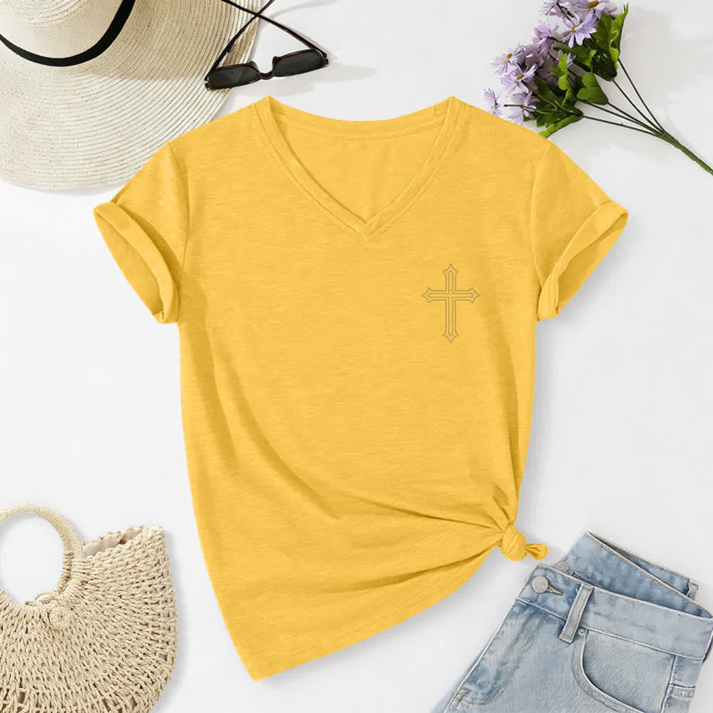 Christianartworkshop Pray On It Damen-T-Shirt mit seitlich geknoteten, hochgekrempelten Ärmeln und V-Ausschnitt - image 44