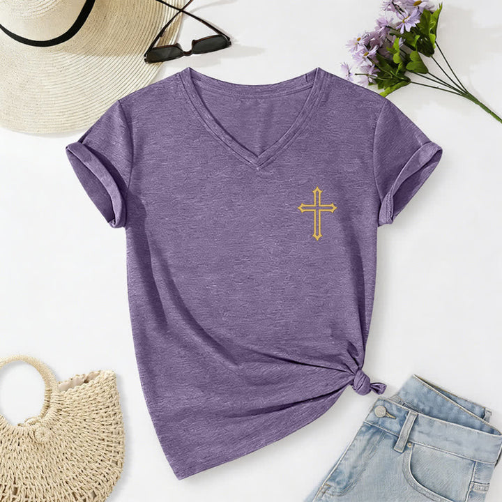 Christianartworkshop Pray On It Damen-T-Shirt mit seitlich geknoteten, hochgekrempelten Ärmeln und V-Ausschnitt - image 56