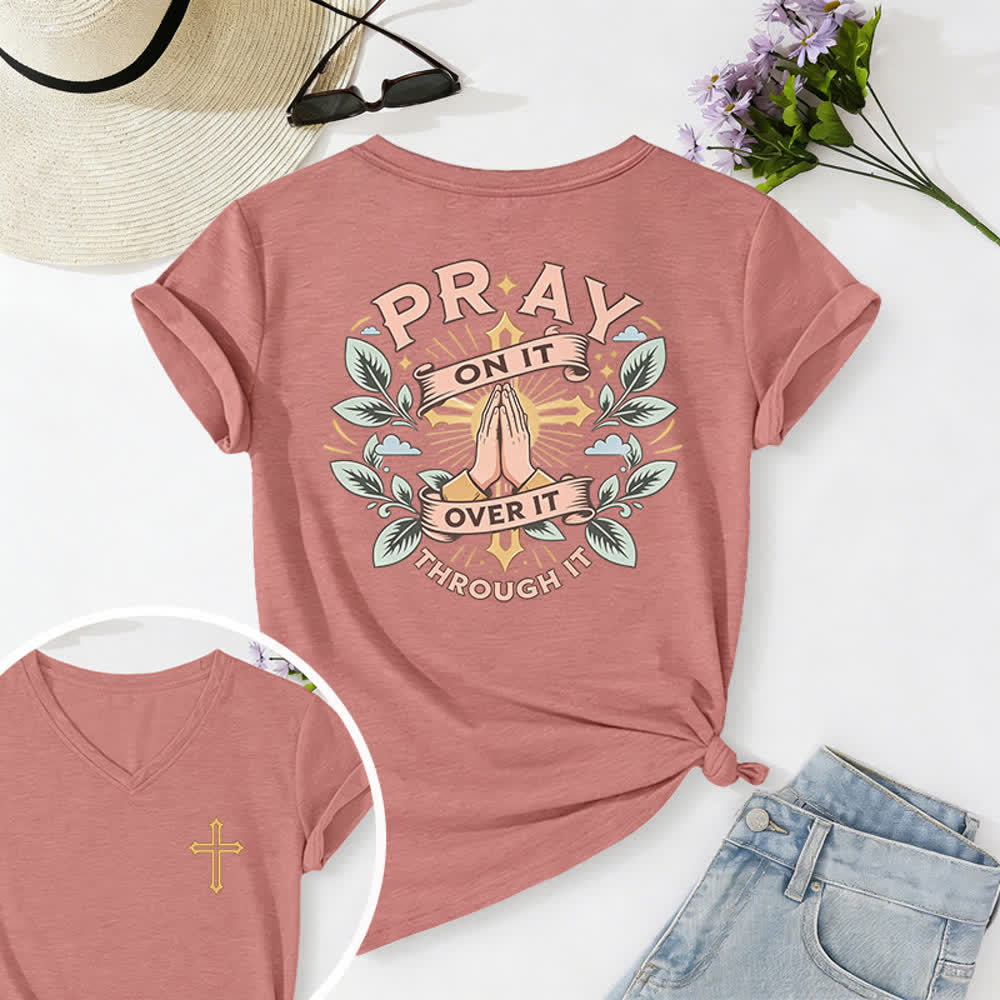 Christianartworkshop Pray On It Damen-T-Shirt mit seitlich geknoteten, hochgekrempelten Ärmeln und V-Ausschnitt - Rosa - 2XL - image 24