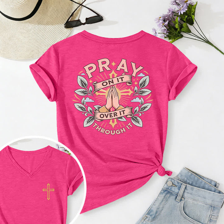 Christianartworkshop Pray On It Damen-T-Shirt mit seitlich geknoteten, hochgekrempelten Ärmeln und V-Ausschnitt - Rose - 2XL - image 72