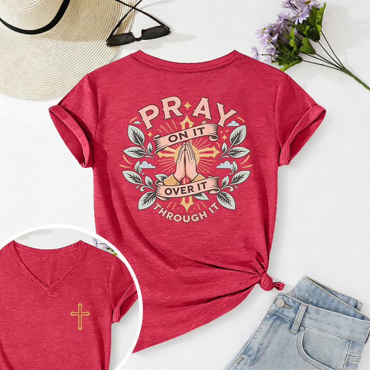 Christianartworkshop Pray On It Damen-T-Shirt mit seitlich geknoteten, hochgekrempelten Ärmeln und V-Ausschnitt - Rot - 2XL - image 66