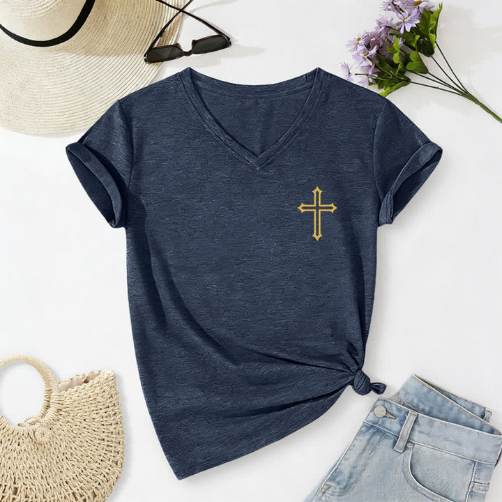 Christianartworkshop Pray On It Damen-T-Shirt mit seitlich geknoteten, hochgekrempelten Ärmeln und V-Ausschnitt - image 38