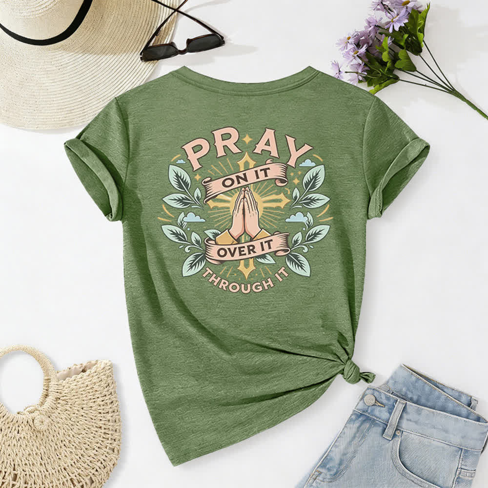 Christianartworkshop Pray On It Damen-T-Shirt mit seitlich geknoteten, hochgekrempelten Ärmeln und V-Ausschnitt - image 61