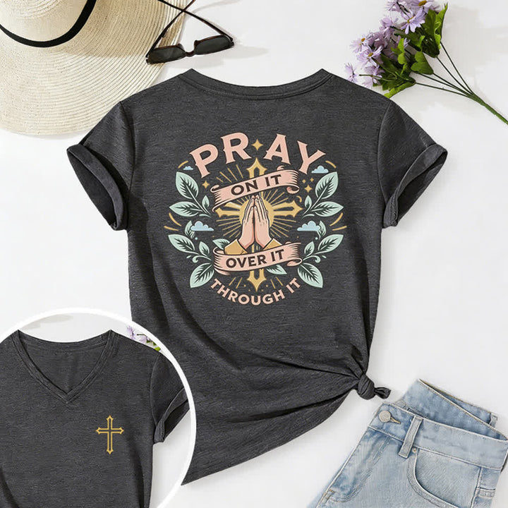 Christianartworkshop Pray On It Damen-T-Shirt mit seitlich geknoteten, hochgekrempelten Ärmeln und V-Ausschnitt - Dunkelgrau - 2XL - image 30
