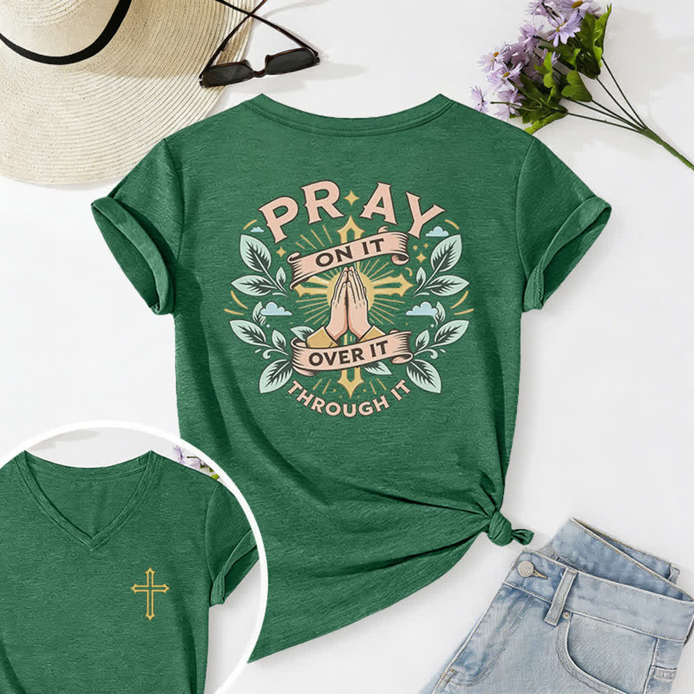 Christianartworkshop Pray On It Damen-T-Shirt mit seitlich geknoteten, hochgekrempelten Ärmeln und V-Ausschnitt - Dunkelgrün - 2XL - image 48