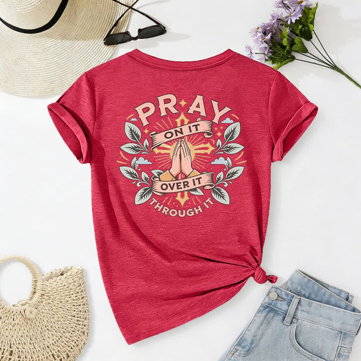Christianartworkshop Pray On It Damen-T-Shirt mit seitlich geknoteten, hochgekrempelten Ärmeln und V-Ausschnitt - image 67