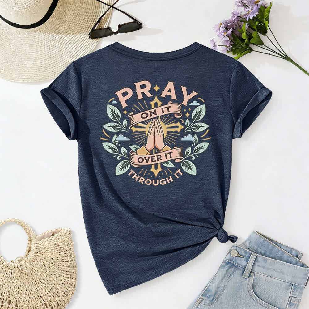 Christianartworkshop Pray On It Damen-T-Shirt mit seitlich geknoteten, hochgekrempelten Ärmeln und V-Ausschnitt - image 37