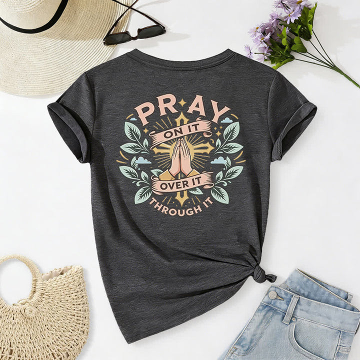 Christianartworkshop Pray On It Damen-T-Shirt mit seitlich geknoteten, hochgekrempelten Ärmeln und V-Ausschnitt - image 31