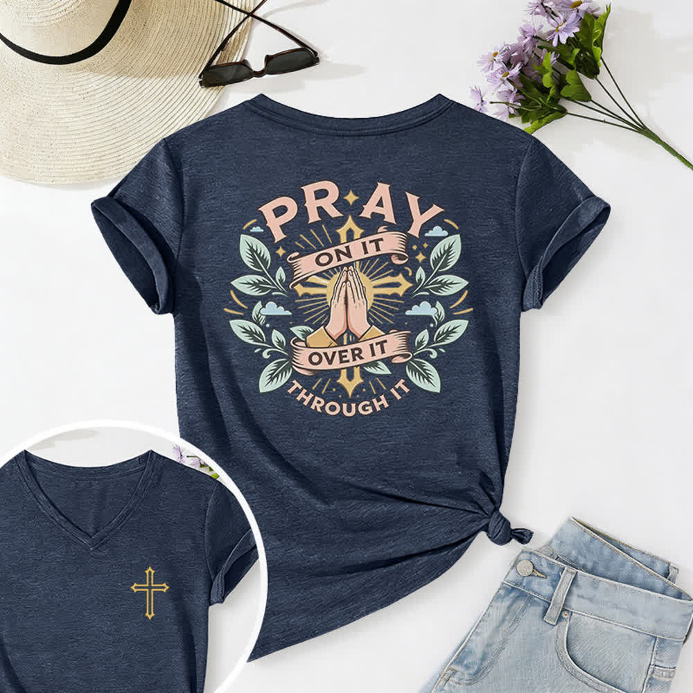 Christianartworkshop Pray On It Damen-T-Shirt mit seitlich geknoteten, hochgekrempelten Ärmeln und V-Ausschnitt - Marineblau - 2XL - image 36