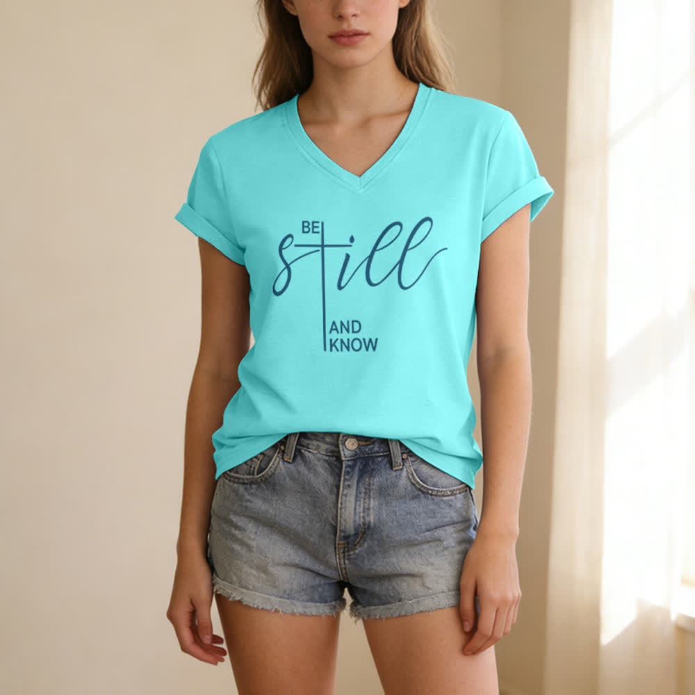 Christianartworkshop Sei still und wisse, was du willst – Heather Purple Damen-T-Shirt mit V-Ausschnitt - image 13