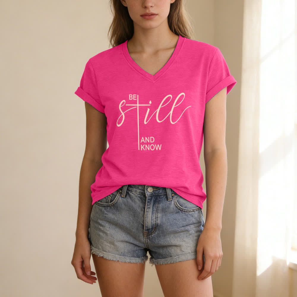 Christianartworkshop Sei still und wisse, was du willst – Heather Purple Damen-T-Shirt mit V-Ausschnitt - image 19