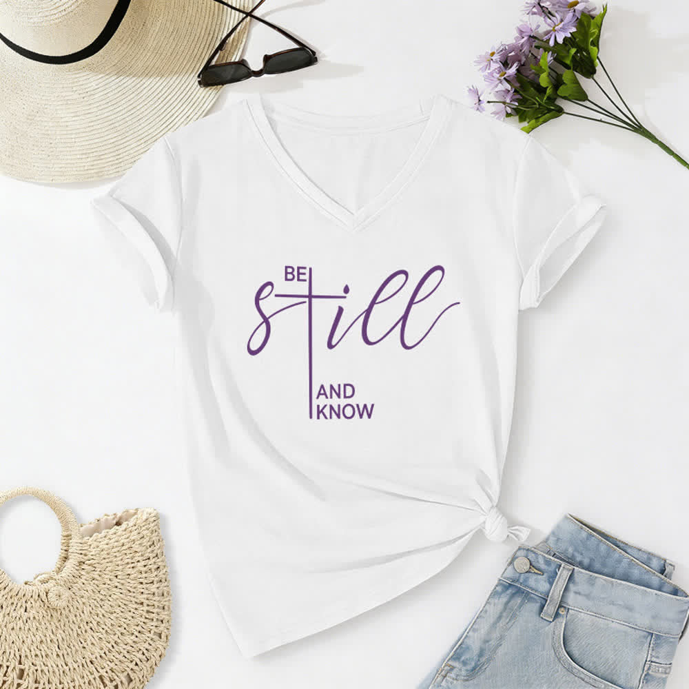 Christianartworkshop Sei still und wisse, was du willst – Heather Purple Damen-T-Shirt mit V-Ausschnitt - Weiß - 2XL - image 2