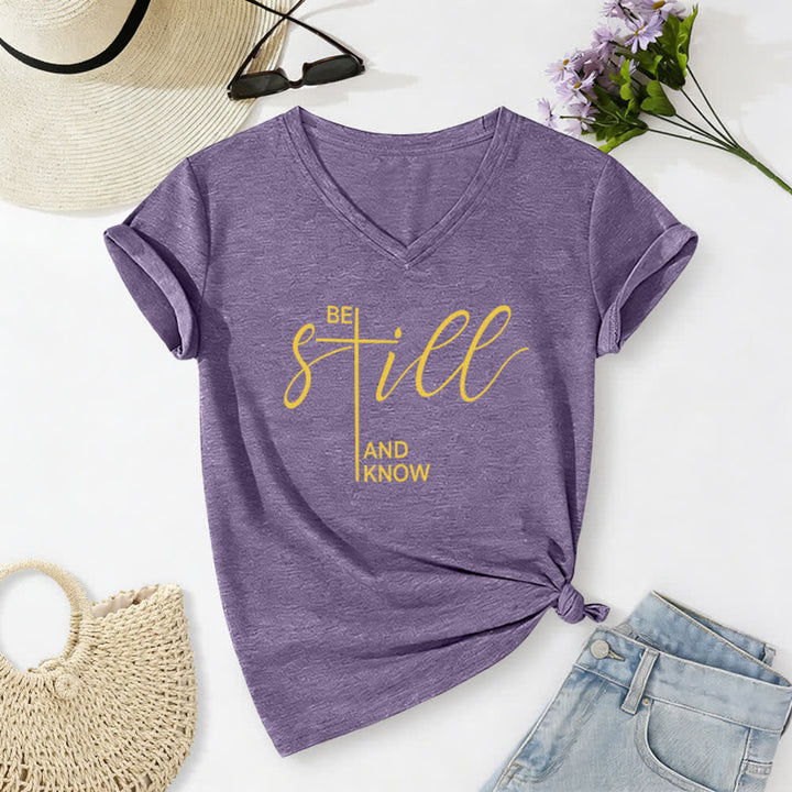 Christianartworkshop Sei still und wisse, was du willst – Heather Purple Damen-T-Shirt mit V-Ausschnitt - Lila - 2XL - image 0