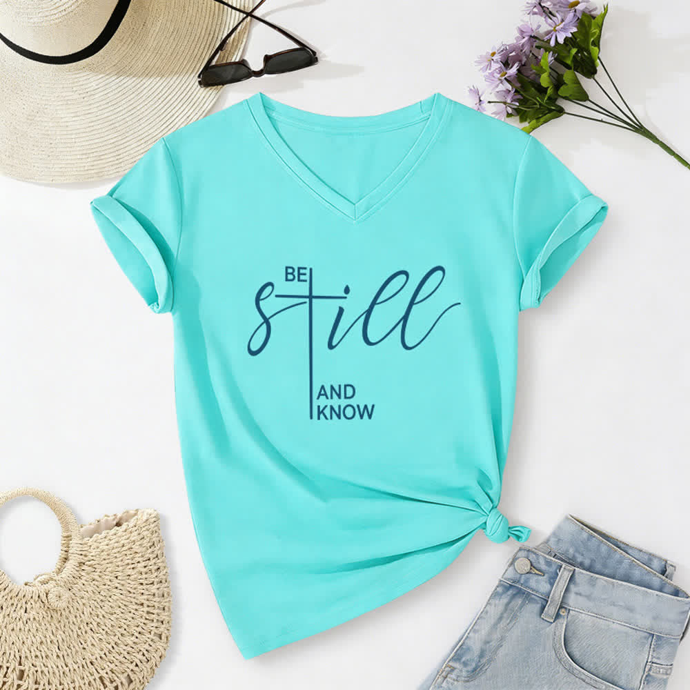 Christianartworkshop Sei still und wisse, was du willst – Heather Purple Damen-T-Shirt mit V-Ausschnitt - Blau - 2XL - image 12