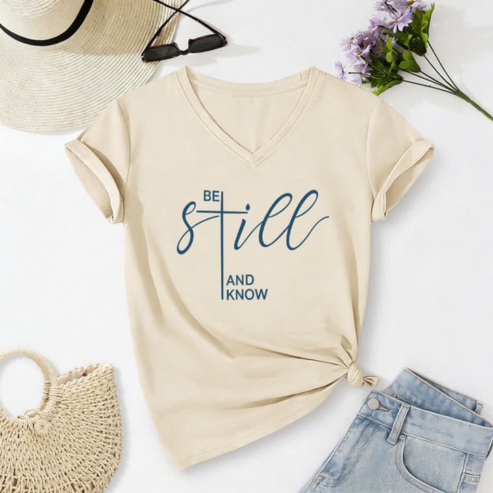 Christianartworkshop Sei still und wisse, was du willst – Heather Purple Damen-T-Shirt mit V-Ausschnitt - Beige - 2XL - image 14