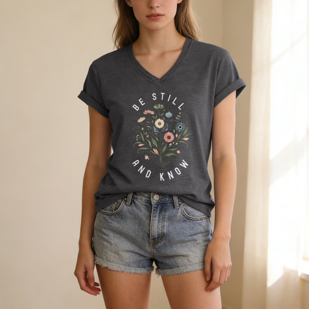 Christianartworkshop Sei still und wisse, wie ein Damen-T-Shirt mit V-Ausschnitt und floralem Knotensaum aussieht - image 3