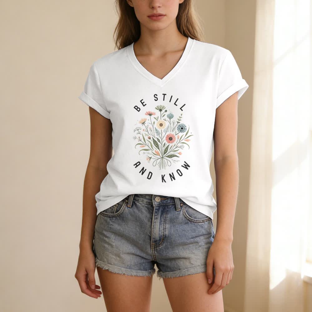 Christianartworkshop Sei still und wisse, wie ein Damen-T-Shirt mit V-Ausschnitt und floralem Knotensaum aussieht - image 11