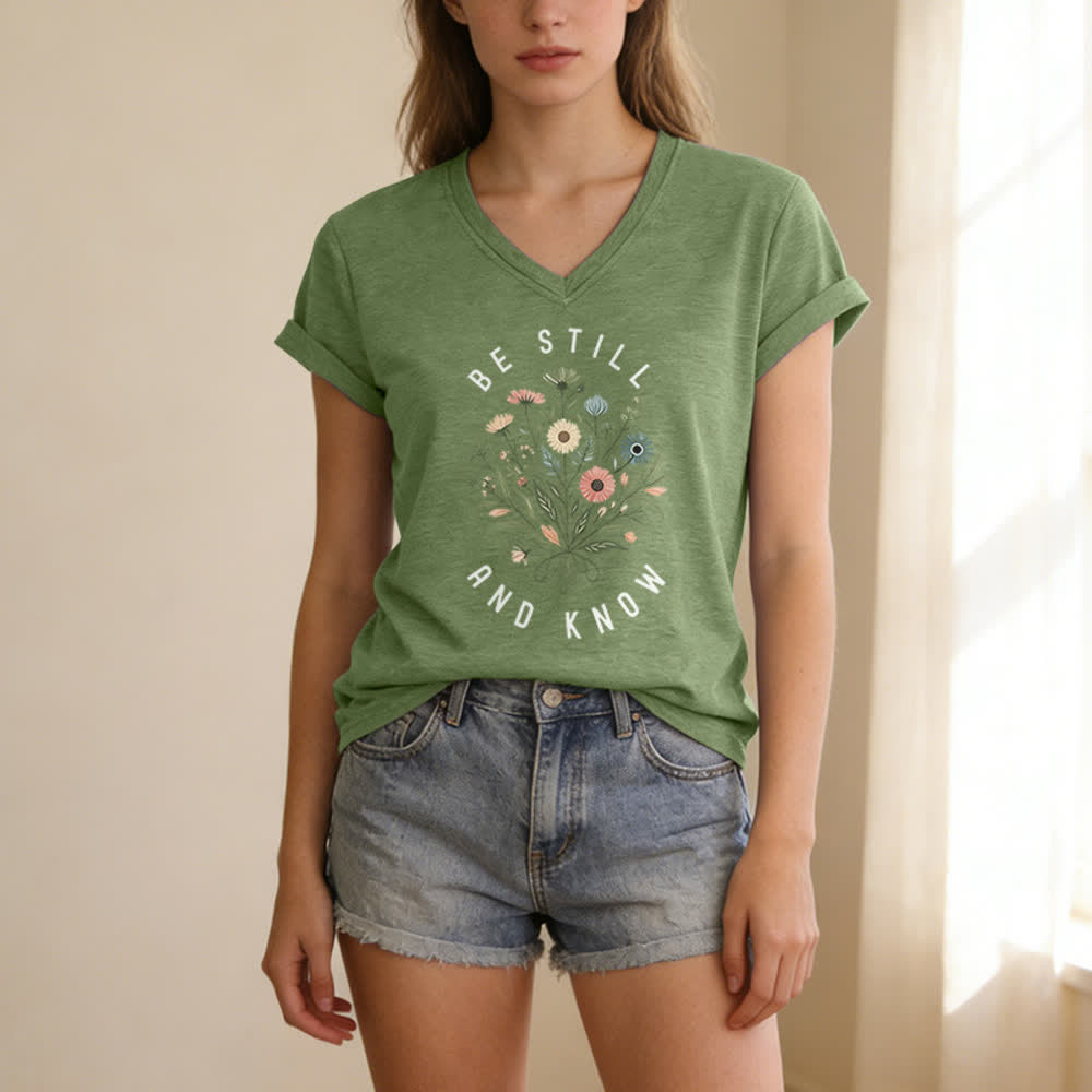 Christianartworkshop Sei still und wisse, wie ein Damen-T-Shirt mit V-Ausschnitt und floralem Knotensaum aussieht - image 25