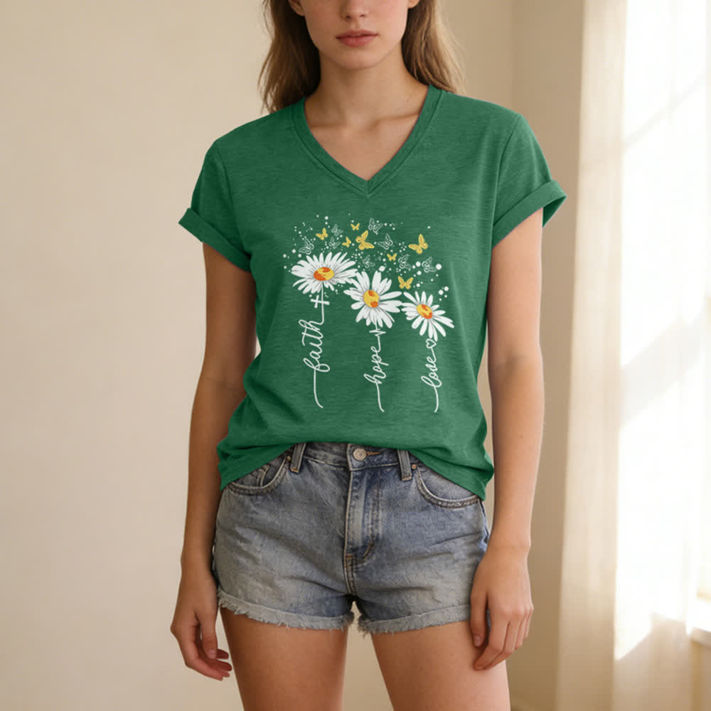 Christianartworkshop Damen-T-Shirt mit V-Ausschnitt und Aufdruck „Glaube, Hoffnung, Liebe“, Gänseblümchen und Schmetterling - image 1