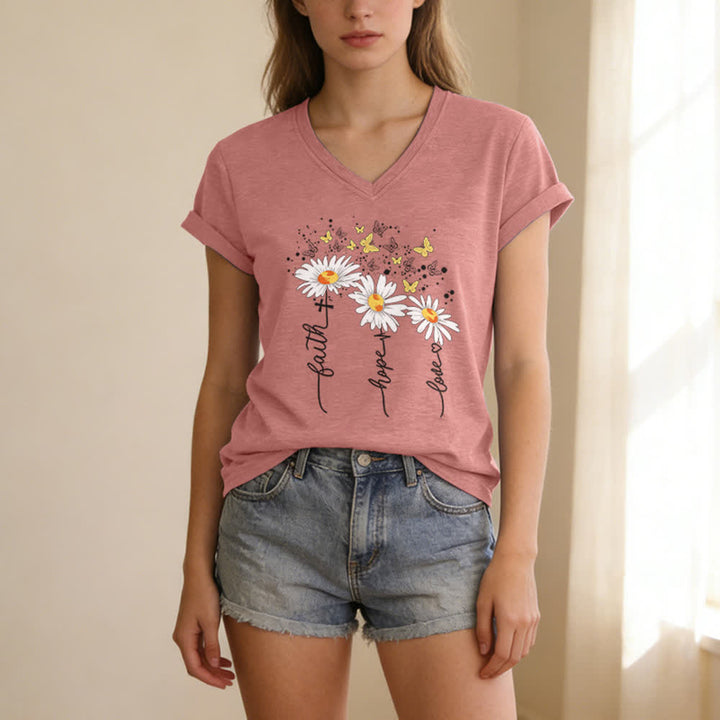 Christianartworkshop Damen-T-Shirt mit V-Ausschnitt und Aufdruck „Glaube, Hoffnung, Liebe“, Gänseblümchen und Schmetterling - image 19