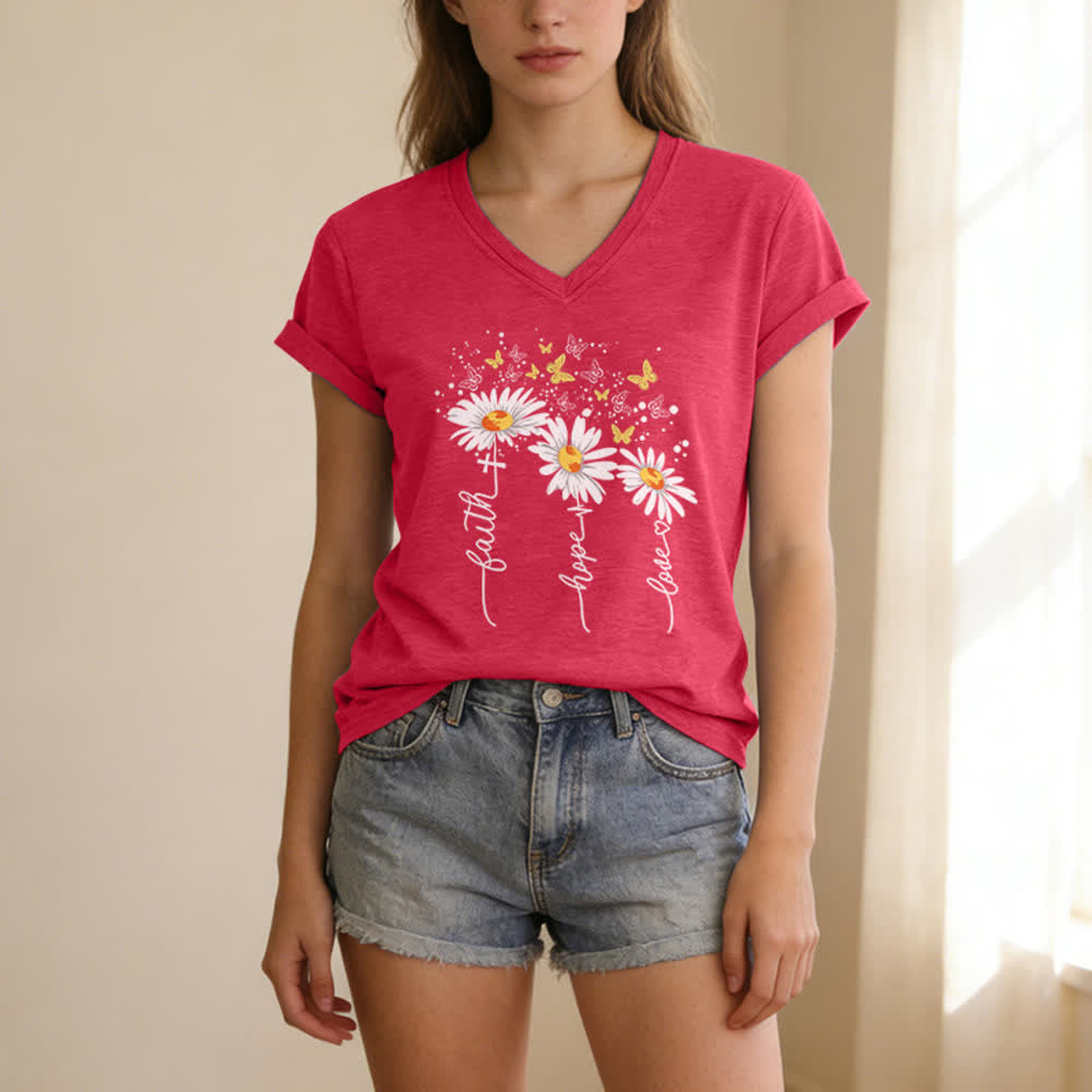 Christianartworkshop Damen-T-Shirt mit V-Ausschnitt und Aufdruck „Glaube, Hoffnung, Liebe“, Gänseblümchen und Schmetterling - Rosa - 2XL - image 9