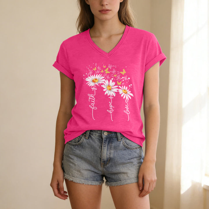 Christianartworkshop Damen-T-Shirt mit V-Ausschnitt und Aufdruck „Glaube, Hoffnung, Liebe“, Gänseblümchen und Schmetterling - image 13