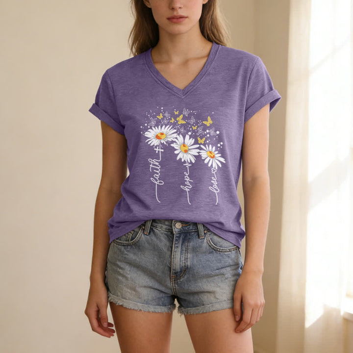 Christianartworkshop Damen-T-Shirt mit V-Ausschnitt und Aufdruck „Glaube, Hoffnung, Liebe“, Gänseblümchen und Schmetterling - image 15