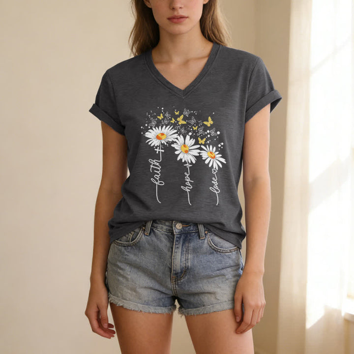 Christianartworkshop Damen-T-Shirt mit V-Ausschnitt und Aufdruck „Glaube, Hoffnung, Liebe“, Gänseblümchen und Schmetterling - image 11