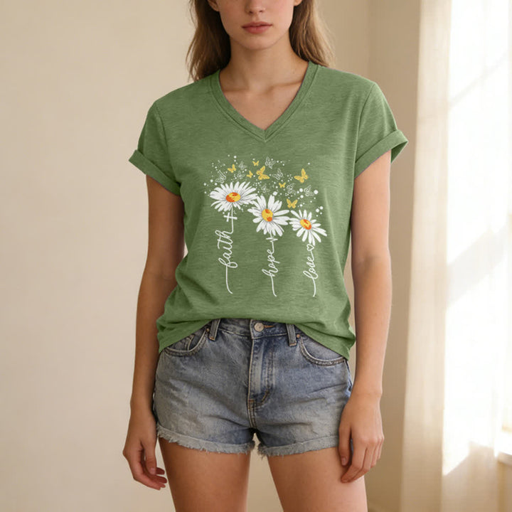 Christianartworkshop Damen-T-Shirt mit V-Ausschnitt und Aufdruck „Glaube, Hoffnung, Liebe“, Gänseblümchen und Schmetterling - image 25