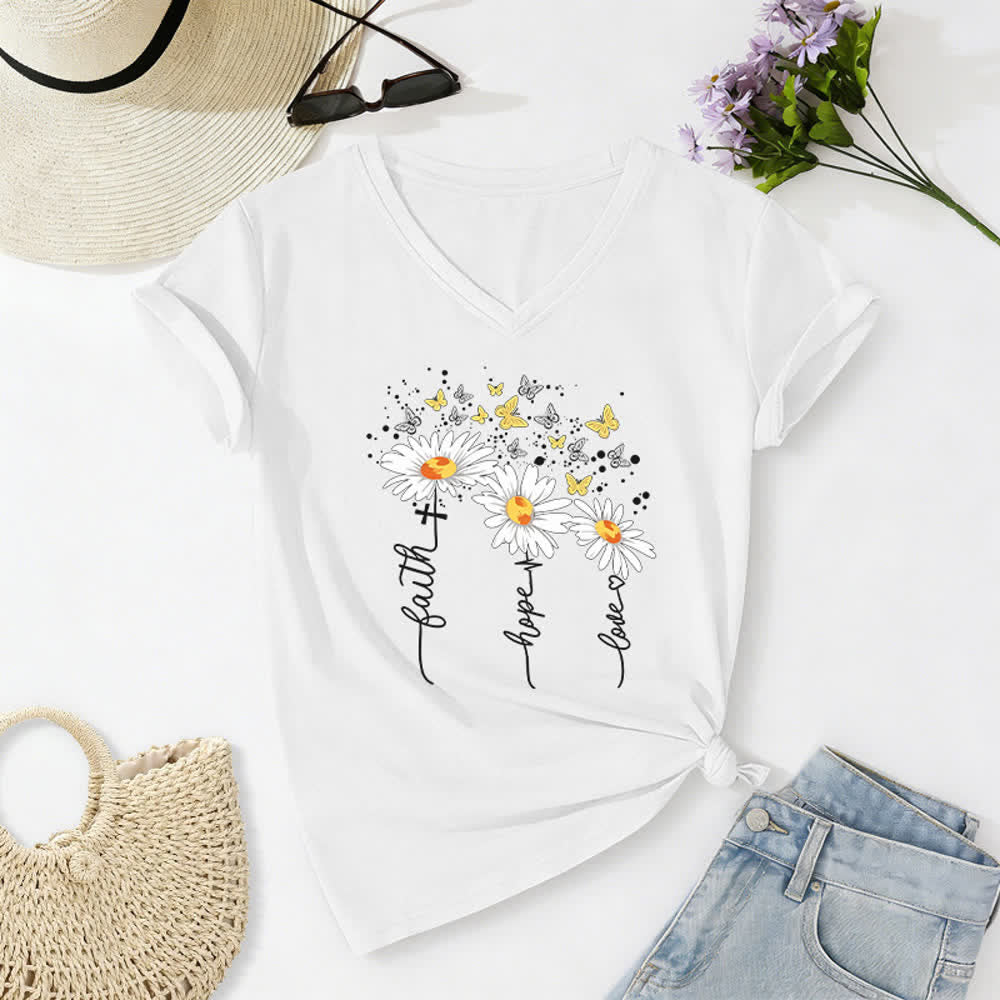 Christianartworkshop Damen-T-Shirt mit V-Ausschnitt und Aufdruck „Glaube, Hoffnung, Liebe“, Gänseblümchen und Schmetterling - Weiß - 2XL - image 4