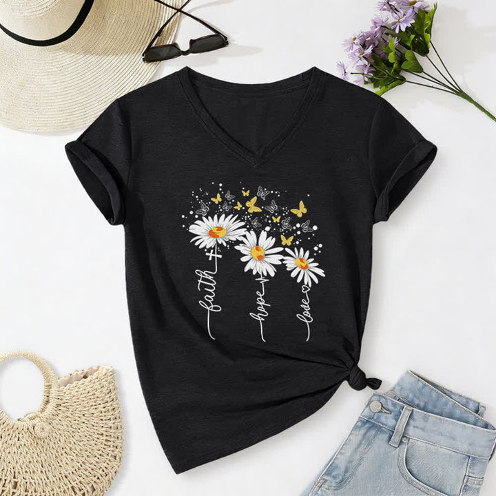 Christianartworkshop Damen-T-Shirt mit V-Ausschnitt und Aufdruck „Glaube, Hoffnung, Liebe“, Gänseblümchen und Schmetterling - Schwarz - 2XL - image 6