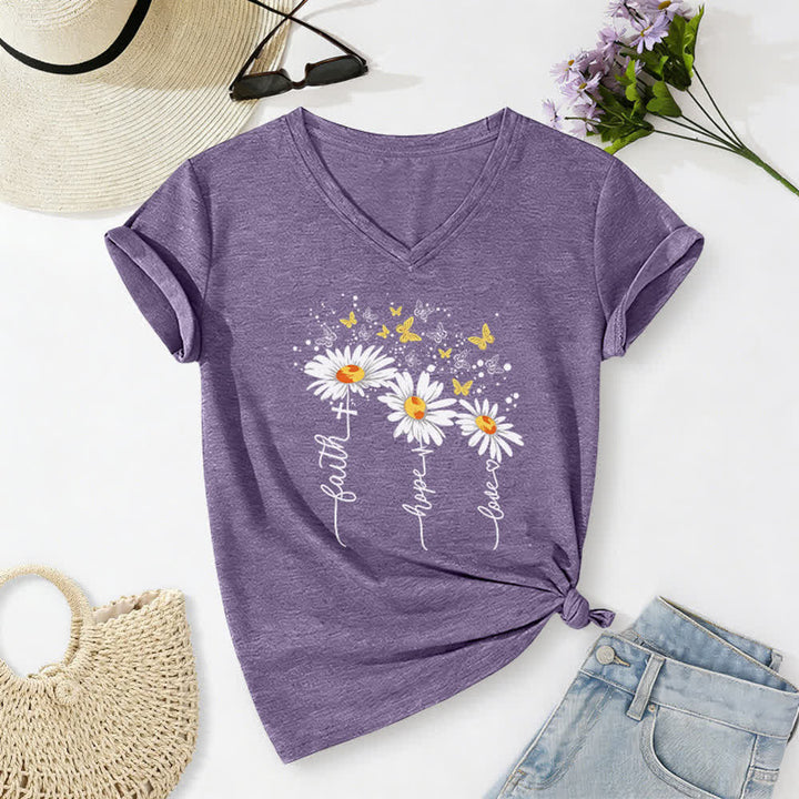 Christianartworkshop Damen-T-Shirt mit V-Ausschnitt und Aufdruck „Glaube, Hoffnung, Liebe“, Gänseblümchen und Schmetterling - Lila - 2XL - image 14