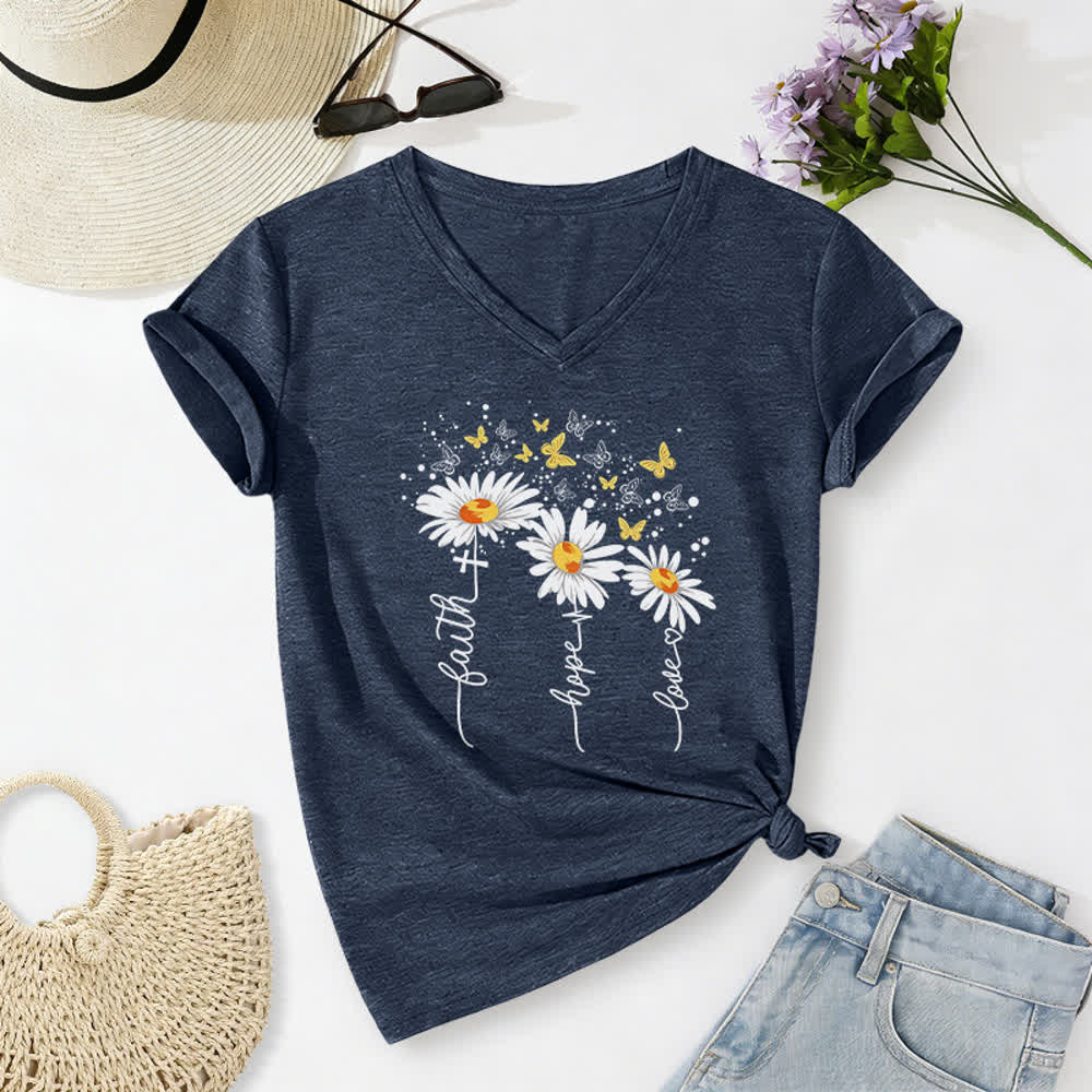 Christianartworkshop Damen-T-Shirt mit V-Ausschnitt und Aufdruck „Glaube, Hoffnung, Liebe“, Gänseblümchen und Schmetterling - Marineblau - 2XL - image 2