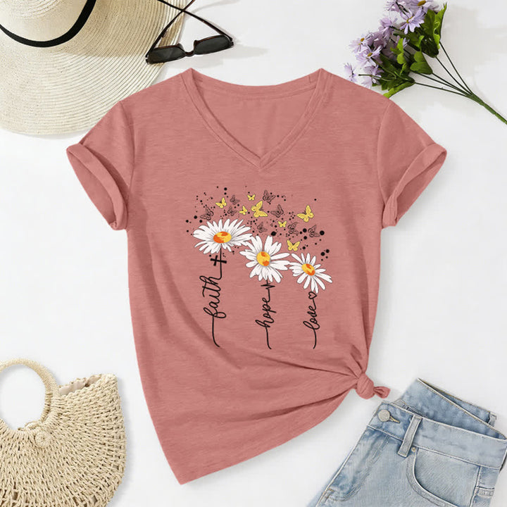 Christianartworkshop Damen-T-Shirt mit V-Ausschnitt und Aufdruck „Glaube, Hoffnung, Liebe“, Gänseblümchen und Schmetterling - image 18