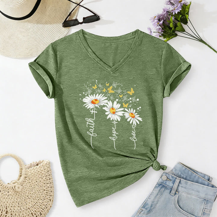 Christianartworkshop Damen-T-Shirt mit V-Ausschnitt und Aufdruck „Glaube, Hoffnung, Liebe“, Gänseblümchen und Schmetterling - image 24