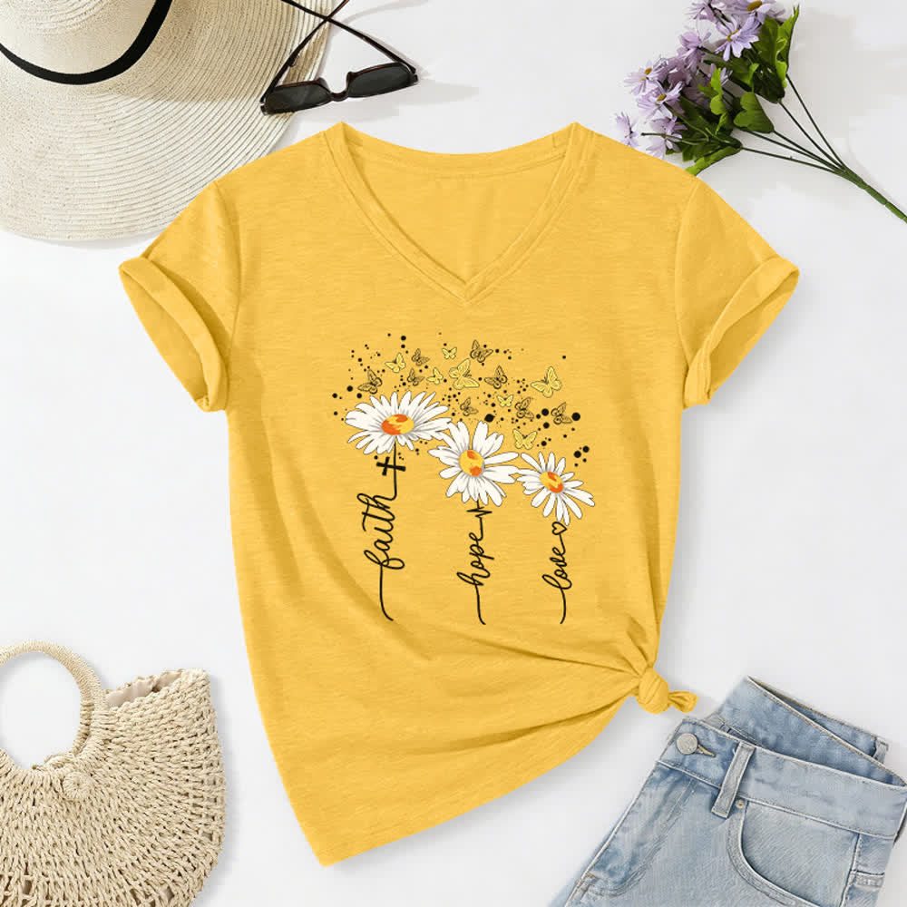 Christianartworkshop Damen-T-Shirt mit V-Ausschnitt und Aufdruck „Glaube, Hoffnung, Liebe“, Gänseblümchen und Schmetterling - Gelb - 2XL - image 20