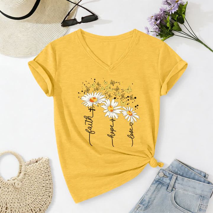 Christianartworkshop Damen-T-Shirt mit V-Ausschnitt und Aufdruck „Glaube, Hoffnung, Liebe“, Gänseblümchen und Schmetterling - Gelb - 2XL - image 20