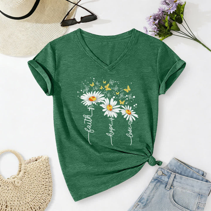Christianartworkshop Damen-T-Shirt mit V-Ausschnitt und Aufdruck „Glaube, Hoffnung, Liebe“, Gänseblümchen und Schmetterling - Grün - 2XL - image 0