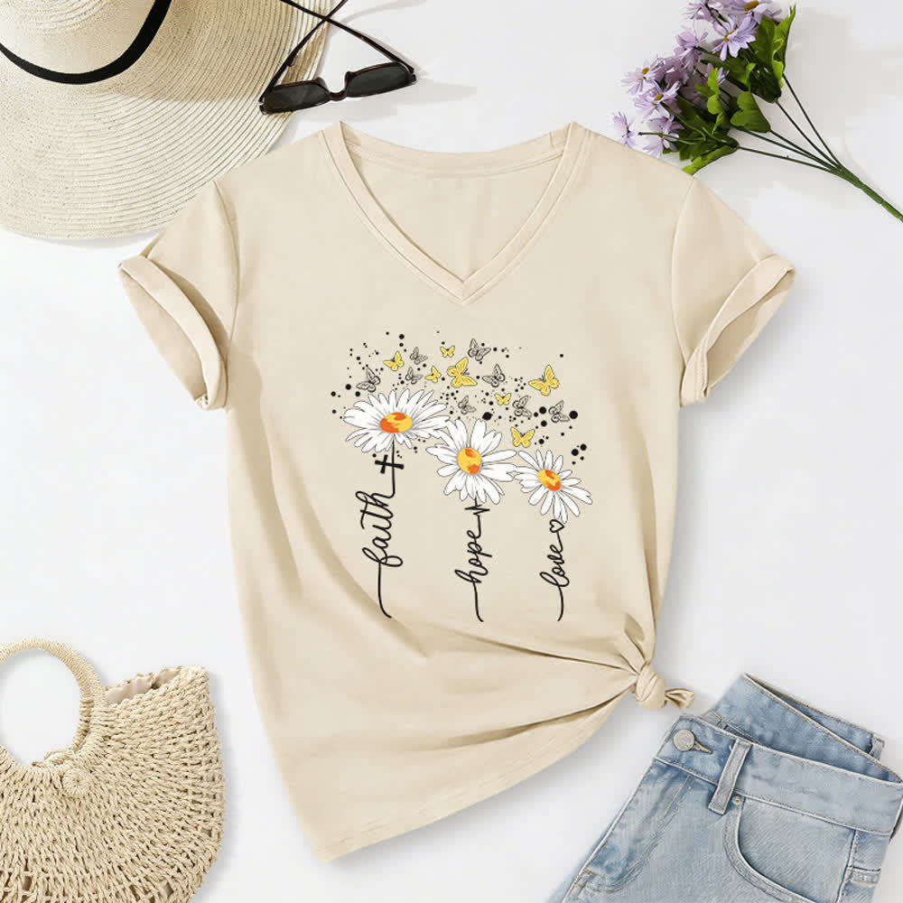 Christianartworkshop Damen-T-Shirt mit V-Ausschnitt und Aufdruck „Glaube, Hoffnung, Liebe“, Gänseblümchen und Schmetterling - Beige - 2XL - image 16
