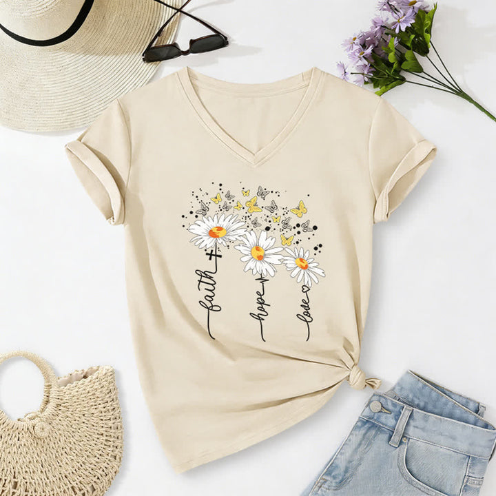 Christianartworkshop Damen-T-Shirt mit V-Ausschnitt und Aufdruck „Glaube, Hoffnung, Liebe“, Gänseblümchen und Schmetterling - Beige - 2XL - image 16