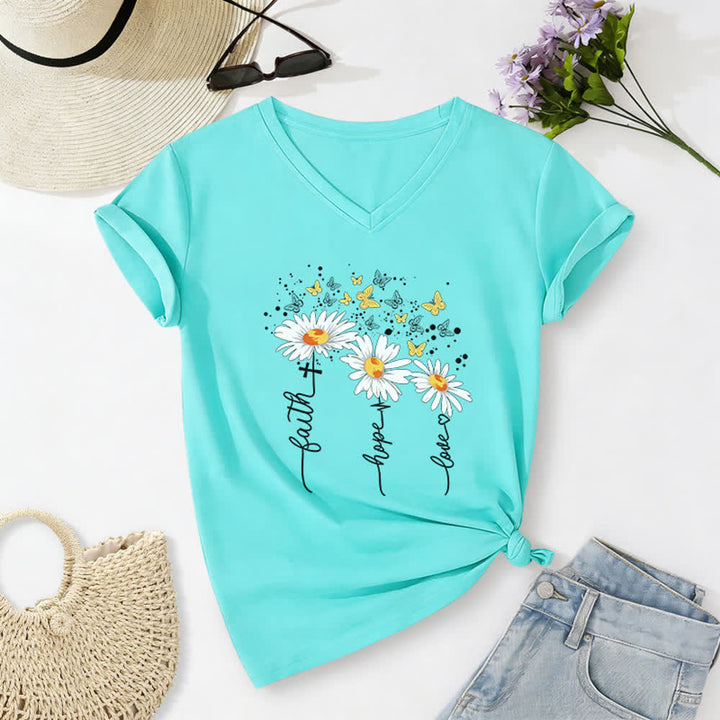 Christianartworkshop Damen-T-Shirt mit V-Ausschnitt und Aufdruck „Glaube, Hoffnung, Liebe“, Gänseblümchen und Schmetterling - Blau - 2XL - image 22