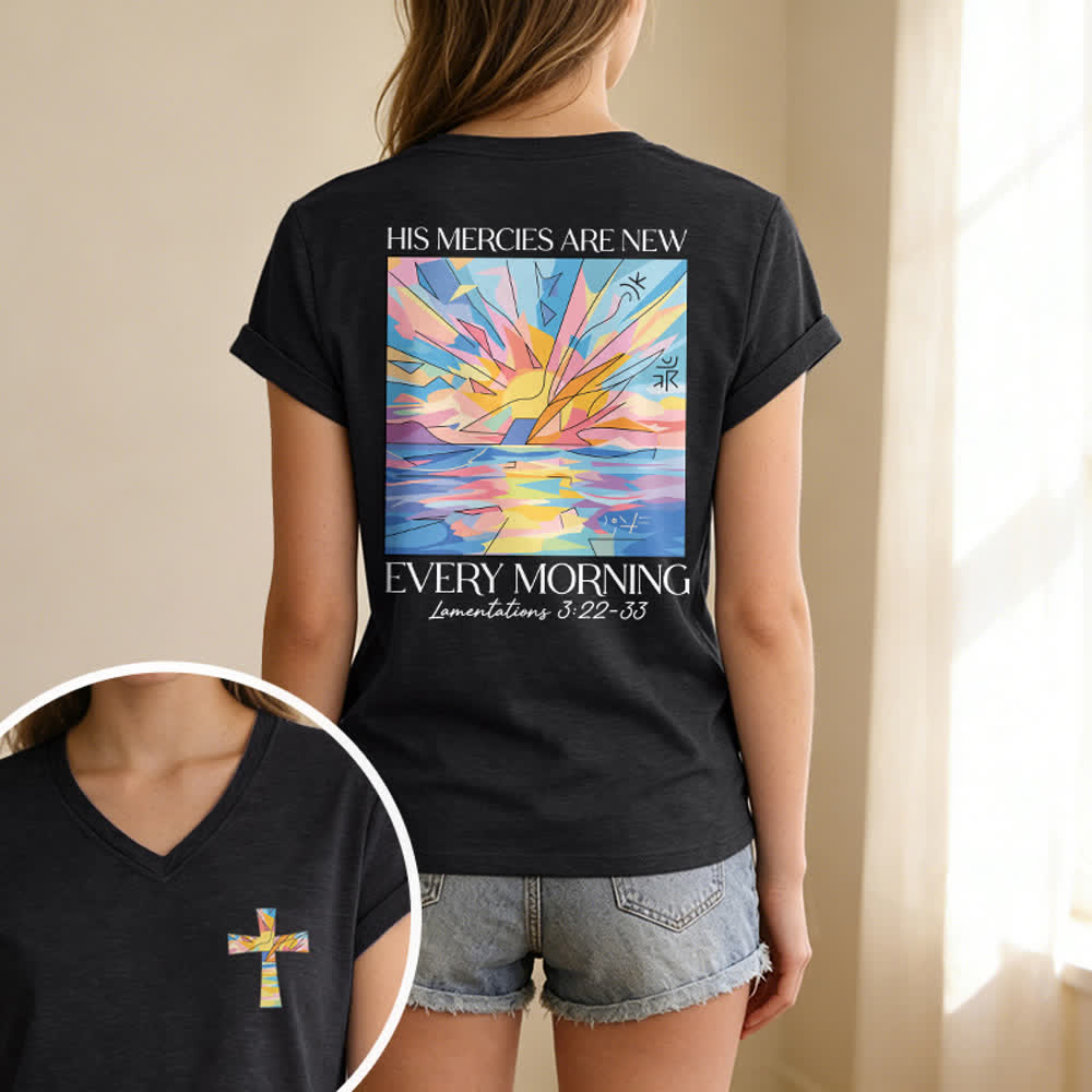 Christianartworkshop Grace Cross Damen-T-Shirt mit gerollten Ärmeln und Knotensaum, V-Ausschnitt - image 3