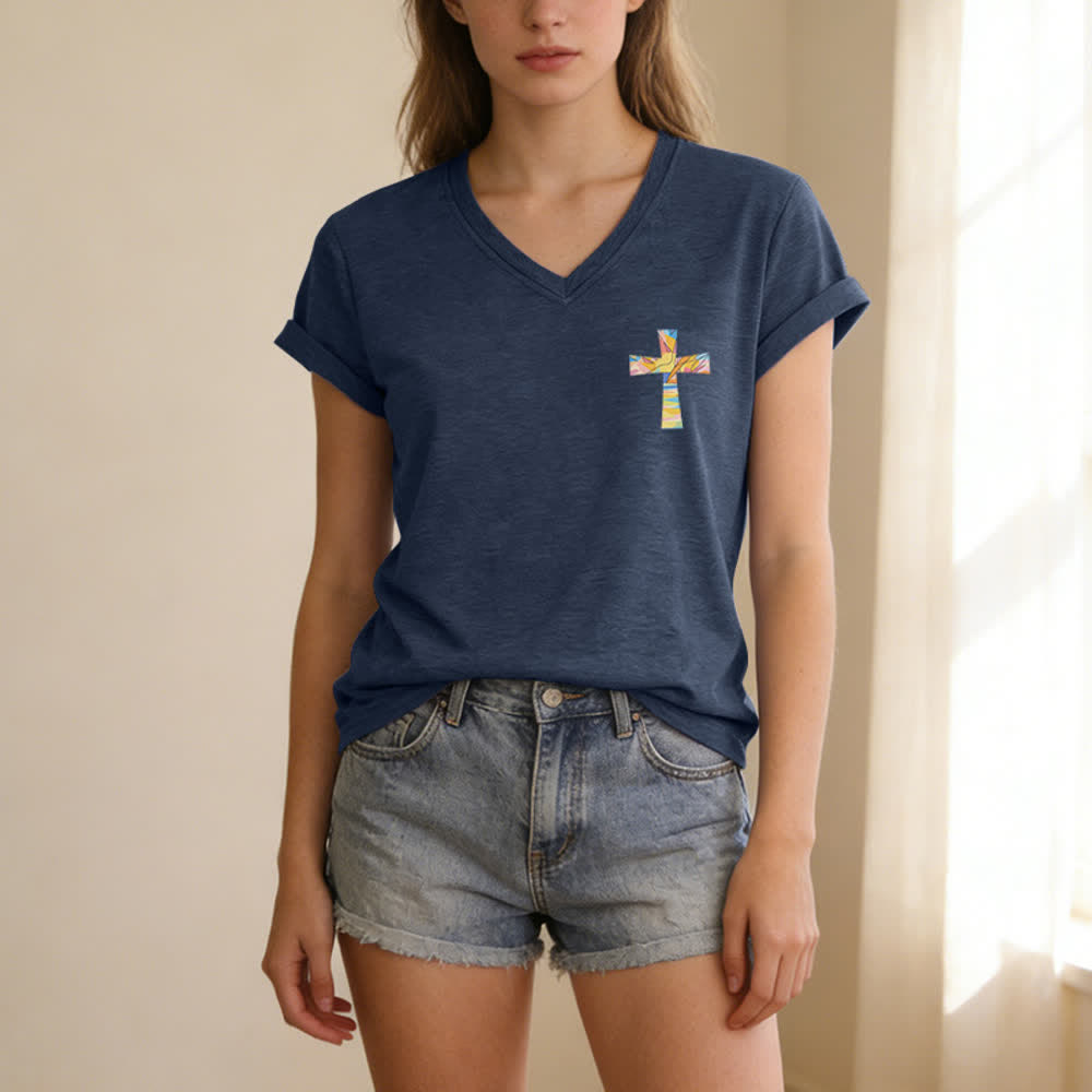 Christianartworkshop Grace Cross Damen-T-Shirt mit gerollten Ärmeln und Knotensaum, V-Ausschnitt - image 29