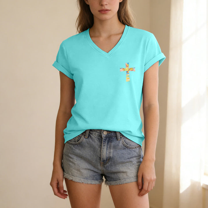 Christianartworkshop Grace Cross Damen-T-Shirt mit gerollten Ärmeln und Knotensaum, V-Ausschnitt - image 11