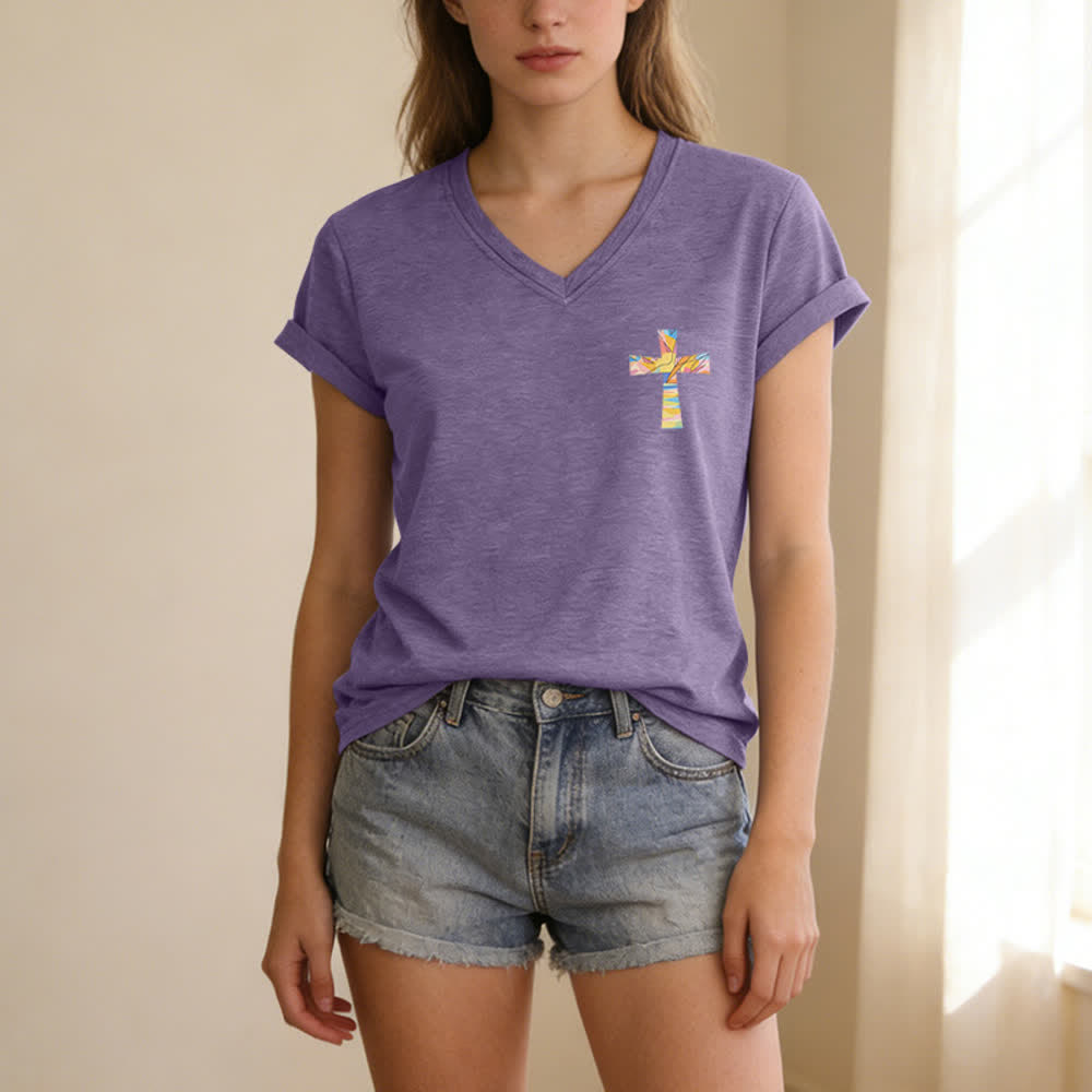 Christianartworkshop Grace Cross Damen-T-Shirt mit gerollten Ärmeln und Knotensaum, V-Ausschnitt - image 53