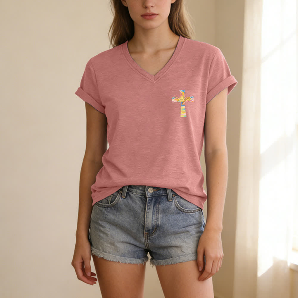 Christianartworkshop Grace Cross Damen-T-Shirt mit gerollten Ärmeln und Knotensaum, V-Ausschnitt - image 23
