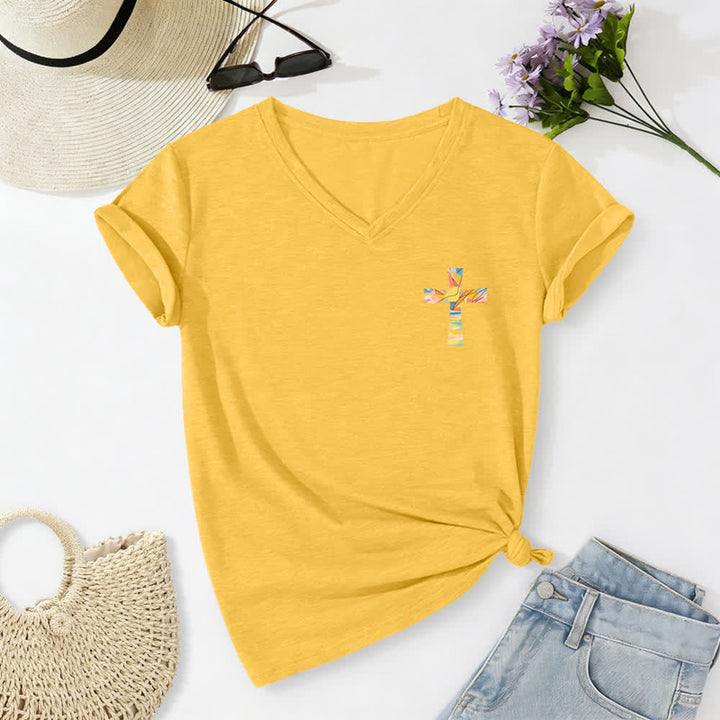 Christianartworkshop Grace Cross Damen-T-Shirt mit gerollten Ärmeln und Knotensaum, V-Ausschnitt - image 68