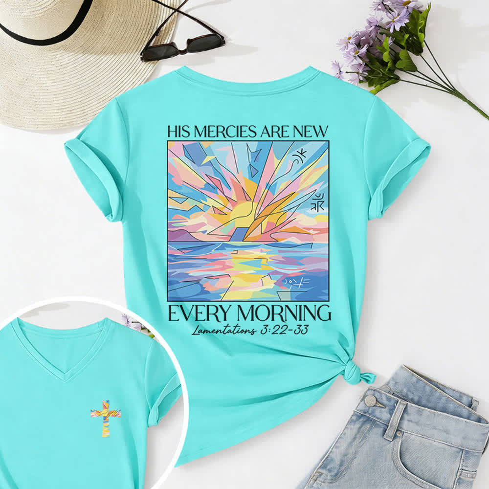 Christianartworkshop Grace Cross Damen-T-Shirt mit gerollten Ärmeln und Knotensaum, V-Ausschnitt - Blau - 2XL - image 6