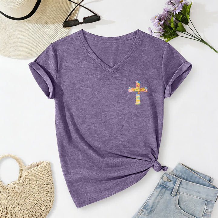 Christianartworkshop Grace Cross Damen-T-Shirt mit gerollten Ärmeln und Knotensaum, V-Ausschnitt - image 50